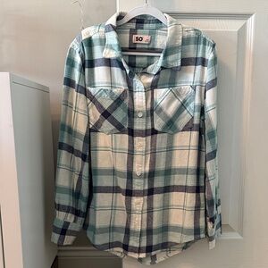 SO Teal and Cream Plaid Flannel Shirt